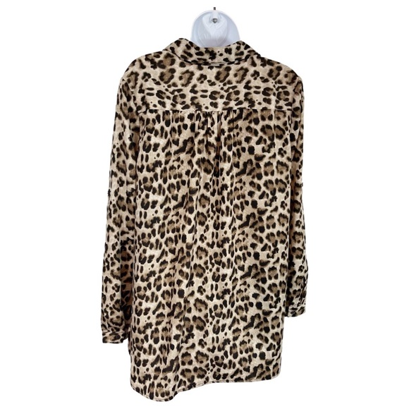 ODDI Leopard Print High-Low Tie Front Top Blouse M Tan Brown Roll Tab Sleeve - Picture 5 of 8